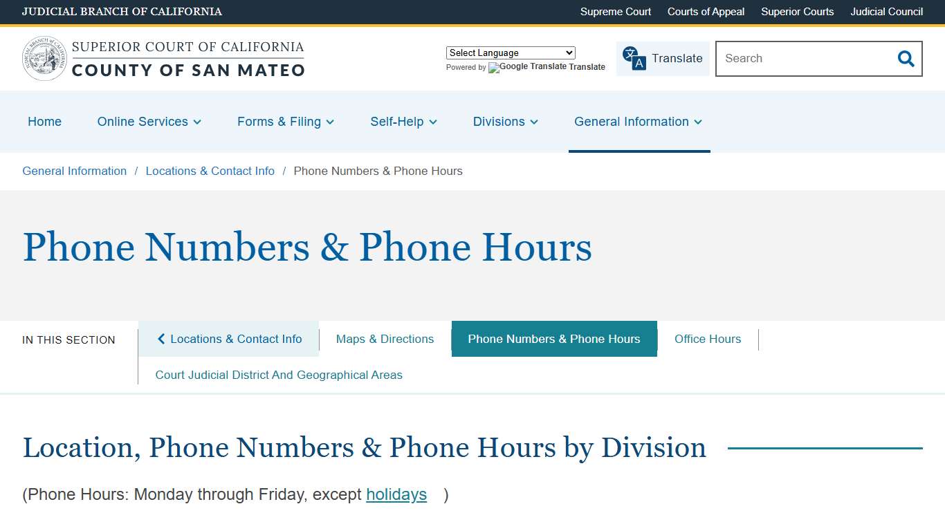Phone Numbers & Phone Hours Superior Court of California County of San Mateo